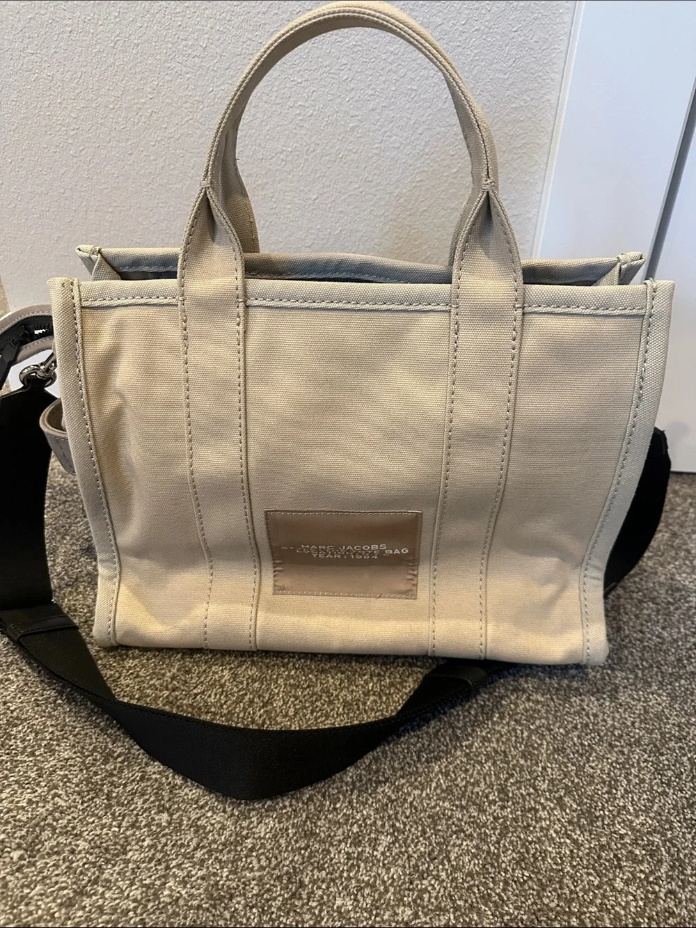 Marc Jacobs Beige Canvas Tote with Black Strap and White Logo
